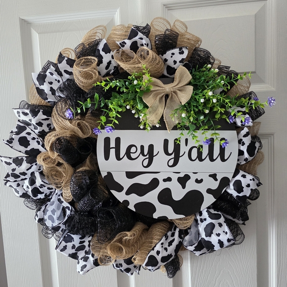 Rustic Cow Print Wreath with Burlap and Greenery - Picture 4 of 9